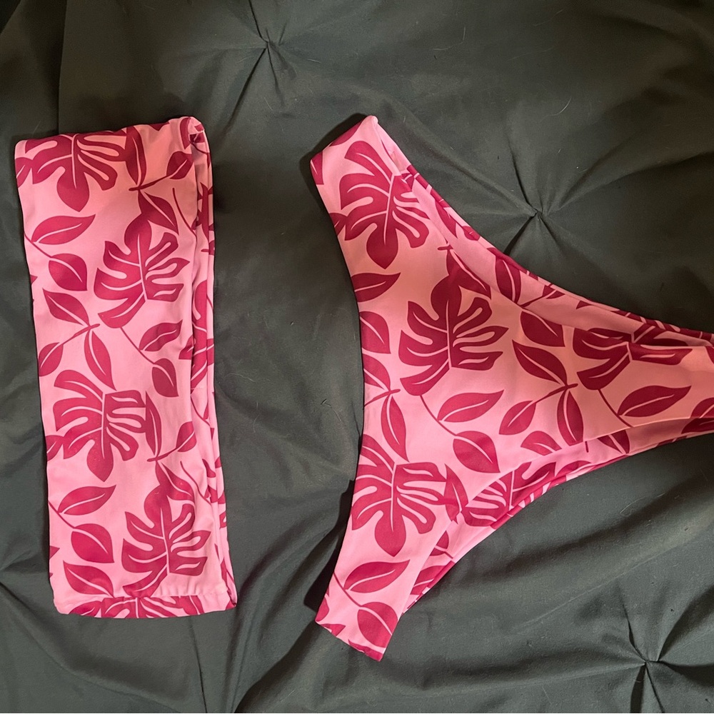 Pink Leaf Print Bikini Set